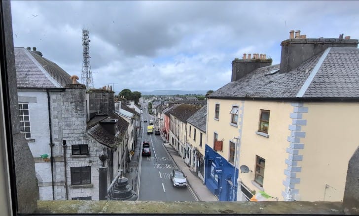 View from an upper window of The Nexus down Glebe Street, Ballinrobe, toward the Partry mountains